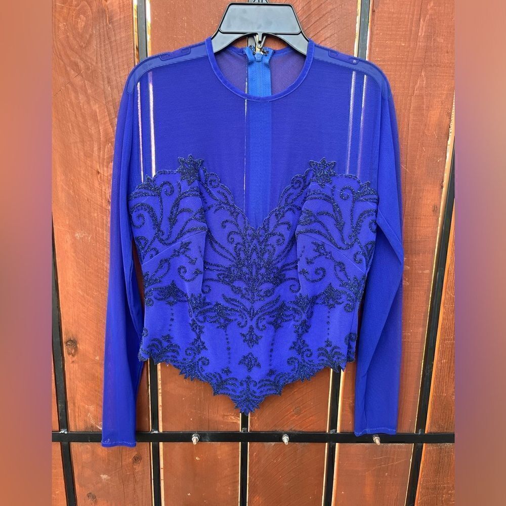 Vintage Tadashi Beaded Mesh Long Sleeve Top size small royal blue